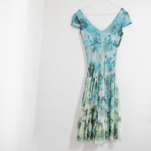 Vintage Silk Watercolor Flowy Ruffle Tiered Midi Dress | Size S